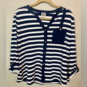 Anne Klein Woman’s Top Gold Buttons Blue & White Strips (111)